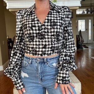 Urban Revivo Black and White Check Floral Romantic Crop Blouse Size L